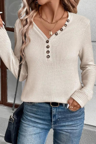 V-Neck Button Pineapple Grid Long Sleeved T-shirt