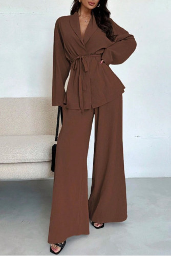 V-Neck Long Sleeved Shirt Wide Leg Pants Two-Piece Set