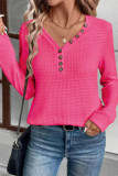 V-Neck Button Pineapple Grid Long Sleeved T-shirt