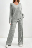 V-Neck Long Sleeved Top Straight Leg Pants Two-Piece Set