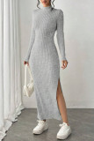Round Neck Long Sleeved Solid Color Slit Knit Dress
