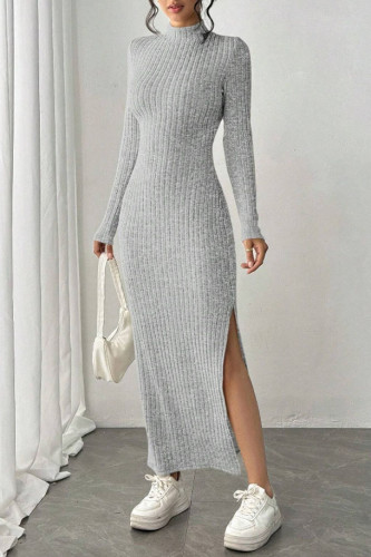 Round Neck Long Sleeved Solid Color Slit Knit Dress