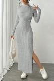 Round Neck Long Sleeved Solid Color Slit Knit Dress
