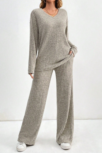 V-Neck Long Sleeved Top Straight Leg Pants Two-Piece Set
