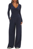 Solid Color V-Neck Shirt Wide Leg Pants Two-Piece Set