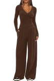 Solid Color V-Neck Shirt Wide Leg Pants Two-Piece Set