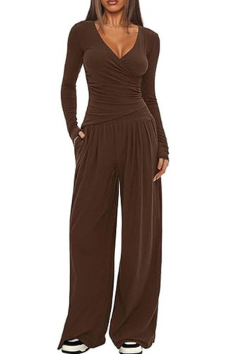 Solid Color V-Neck Shirt Wide Leg Pants Two-Piece Set
