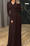 Solid Color V-neck Long Sleeved Pleated Dress