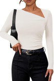 Solid Color Slanted Shoulder Collar Long Sleeved T-Shirt