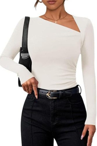 Solid Color Slanted Shoulder Collar Long Sleeved T-Shirt