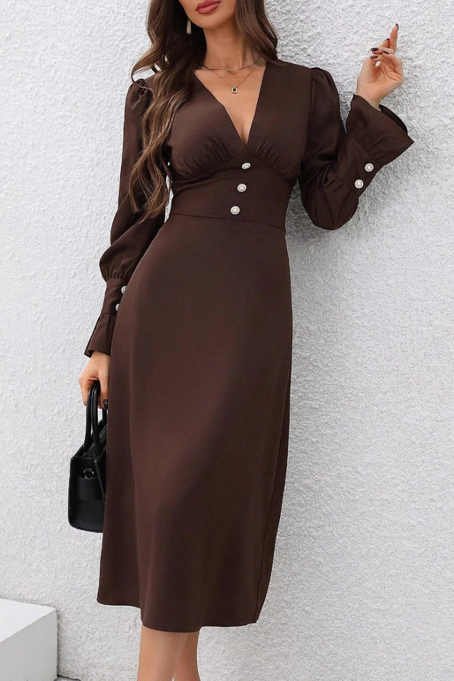 V-Neck Ruffled Long Sleeved Shirt Dress