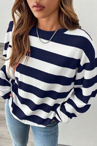 Round Neck Loose Striped Long Sleeved T-Shirt