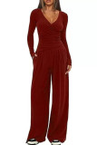 Solid Color V-Neck Shirt Wide Leg Pants Two-Piece Set