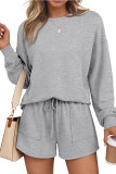 Solid Color Long Sleeved Sweatshirt Shorts Two-Piece Set