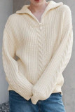 Solid Color Lapel Zipper Long Sleeved Knitted Sweater