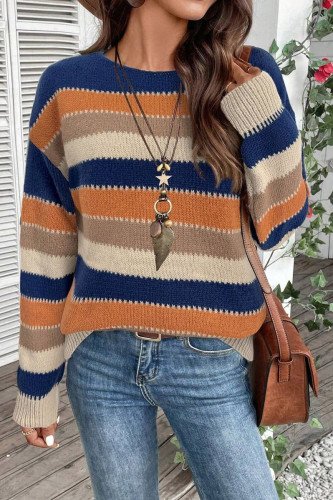 Round Neck Striped Printed Long Sleeved Sweater