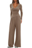 Solid Color V-Neck Shirt Wide Leg Pants Two-Piece Set