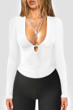 V-Neck Hollowed Out Long Sleeved Solid Color Shirt