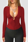 V-Neck Hollowed Out Long Sleeved Solid Color Shirt