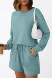Solid Color Long Sleeved Sweatshirt Shorts Two-Piece Set