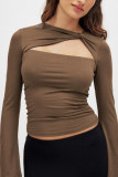 Solid Color Hollow Twisted Long Sleeved T-Shirt