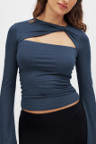 Solid Color Hollow Twisted Long Sleeved T-Shirt
