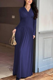 Solid Color V-neck Long Sleeved Pleated Dress