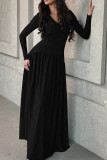 Solid Color V-neck Long Sleeved Pleated Dress