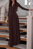 Solid Color V-neck Long Sleeved Pleated Dress