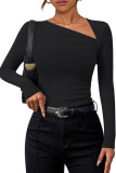 Solid Color Slanted Shoulder Collar Long Sleeved T-Shirt