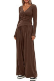 Solid Color V-Neck Shirt Wide Leg Pants Two-Piece Set