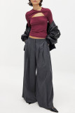 Solid Color Hollow Twisted Long Sleeved T-Shirt