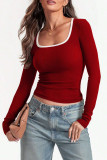 Square Neck Solid Color Long Sleeved T-Shirt