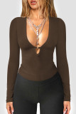 V-Neck Hollowed Out Long Sleeved Solid Color Shirt