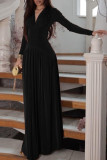 Solid Color V-neck Long Sleeved Pleated Dress