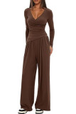 Solid Color V-Neck Shirt Wide Leg Pants Two-Piece Set