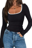 Square Neck Solid Color Long Sleeved T-Shirt