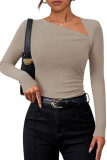 Solid Color Slanted Shoulder Collar Long Sleeved T-Shirt