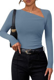Solid Color Slanted Shoulder Collar Long Sleeved T-Shirt