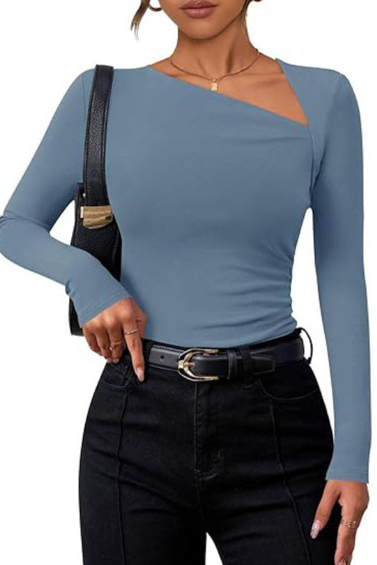Solid Color Slanted Shoulder Collar Long Sleeved T-Shirt
