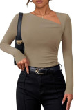 Solid Color Slanted Shoulder Collar Long Sleeved T-Shirt