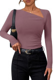 Solid Color Slanted Shoulder Collar Long Sleeved T-Shirt