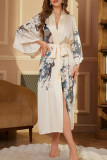 Satin Printed Long Sleeved Bathrobe and Nightgown