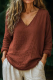 Cotton Linen Long Sleeved V-neck Solid Color Shirt