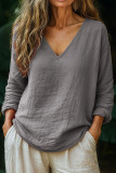 Cotton Linen Long Sleeved V-neck Solid Color Shirt