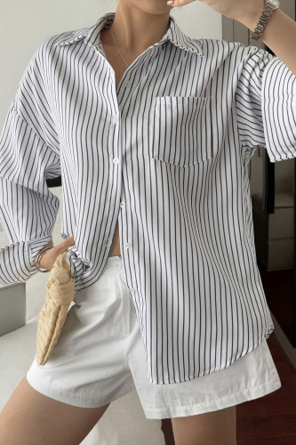 Lapel Striped Printed Long Sleeved Shirt