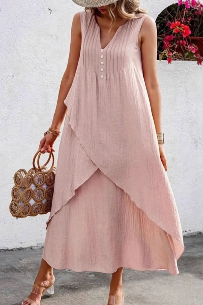 Cotton Linen V-neck Solid Color Sleeveless Dress