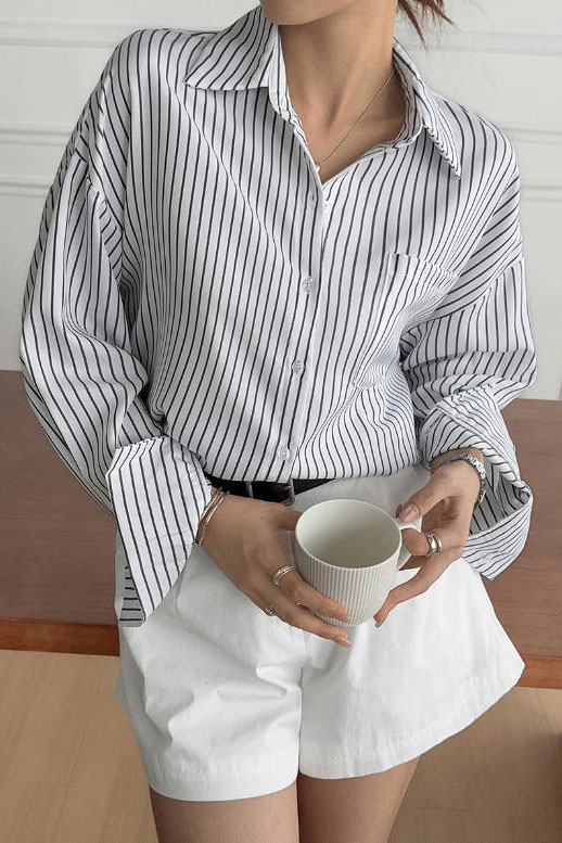 Lapel Striped Printed Long Sleeved Shirt
