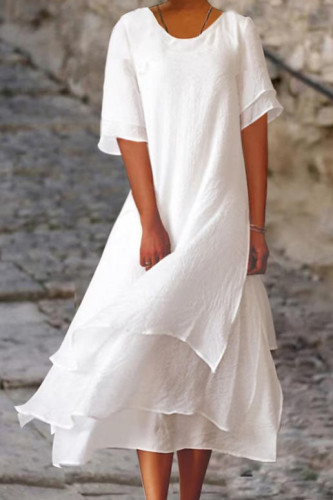 Solid Color Short Sleeved Round Neck Double-Layer Dress