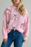 Round Neck Long Sleeved Loose Cherry Knit Sweater